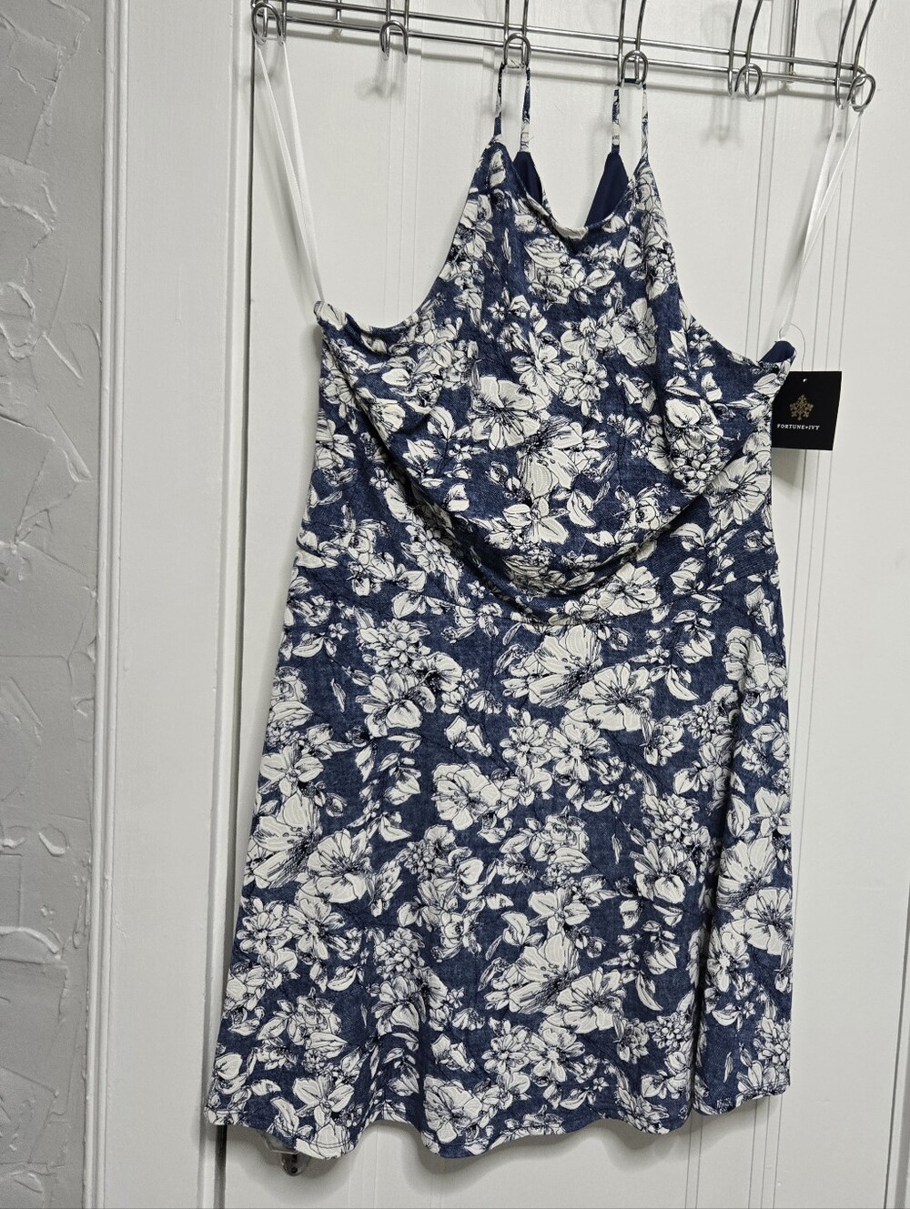 Floral Cowl Neck Mini Dress in Navy and White